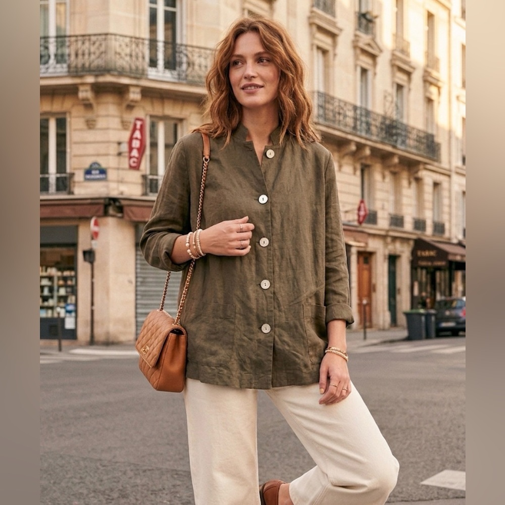 Islander Linen Blend Button-Down Shirt – Olive Earthy Neutral – Size Large